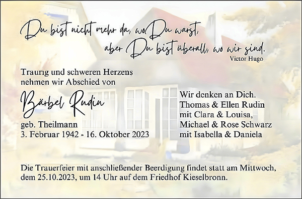 Traueranzeige Bärbel Rudin