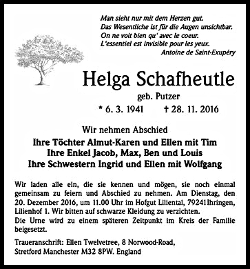 Traueranzeige Helga Schafheutle